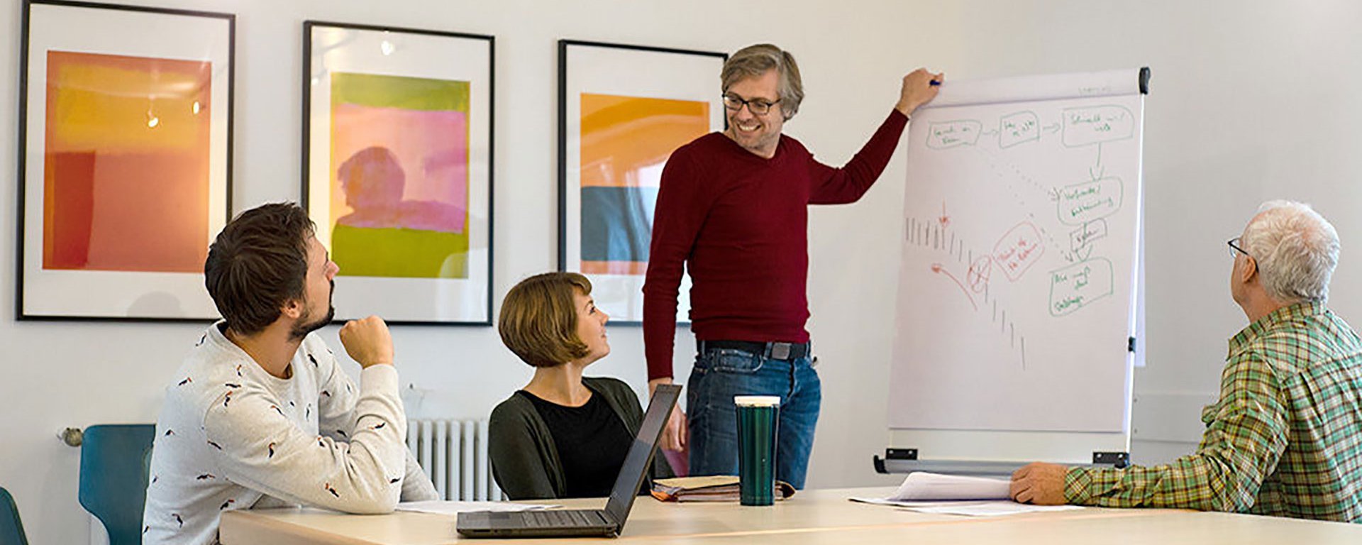 Besprechungsraum: ein junger Mann steht an einem Flipchart und erklärt einer kleinen Gruppe lächelnd sein "Gekritzel"