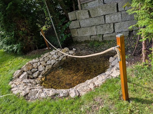 Ein kleiner Gartenteich mit einer Umrandung aus groben Steinen und trübem Wasser. Der Teich ist durch ein Seil an Holzpfosten abgegrenzt und liegt auf einer Wiese vor einer Steinmauer und Bäumen.