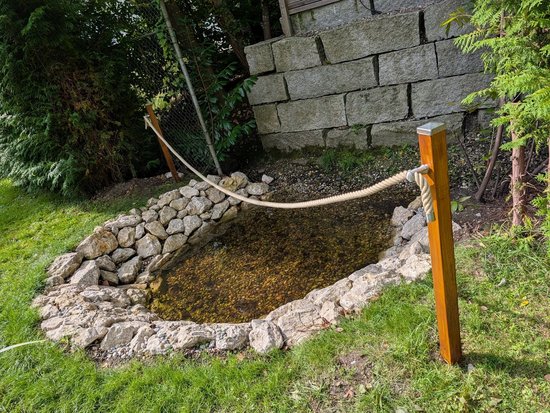 Ein kleiner Gartenteich mit einer Umrandung aus groben Steinen und trübem Wasser. Der Teich ist durch ein Seil an Holzpfosten abgegrenzt und liegt auf einer Wiese vor einer Steinmauer und Bäumen.